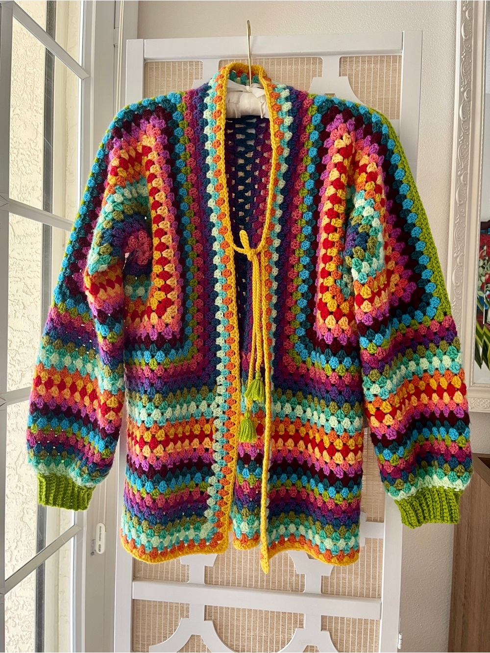 Hand Crafted Multicolor Crochet Granny Cardigan Sweater - Bright Stripe Tie
